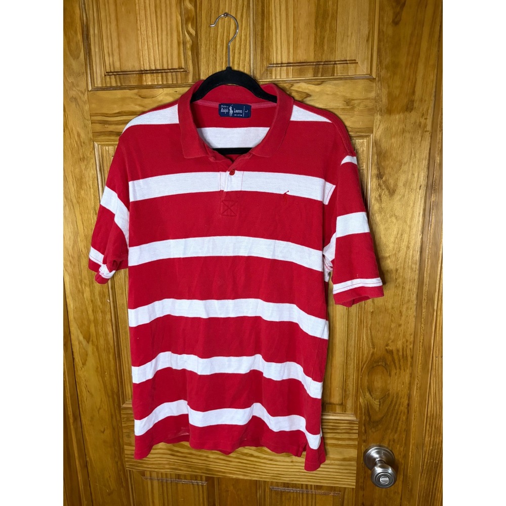 Vintage Polo Ralph Lauren Mens Red White Striped Polo Shirt Made in USA Large